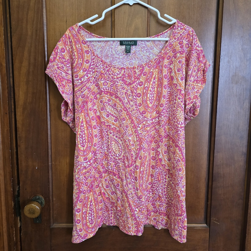 Ralph Lauren Pink and White Flutter Sleeve Blouse